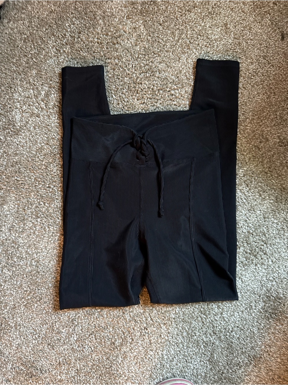 High-Waist Black Ribbed Drawstring Leggings